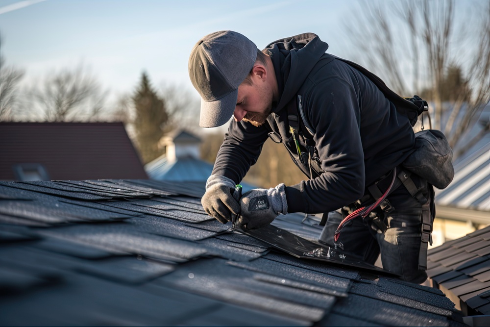 Roofer installing shingles on a residential roof