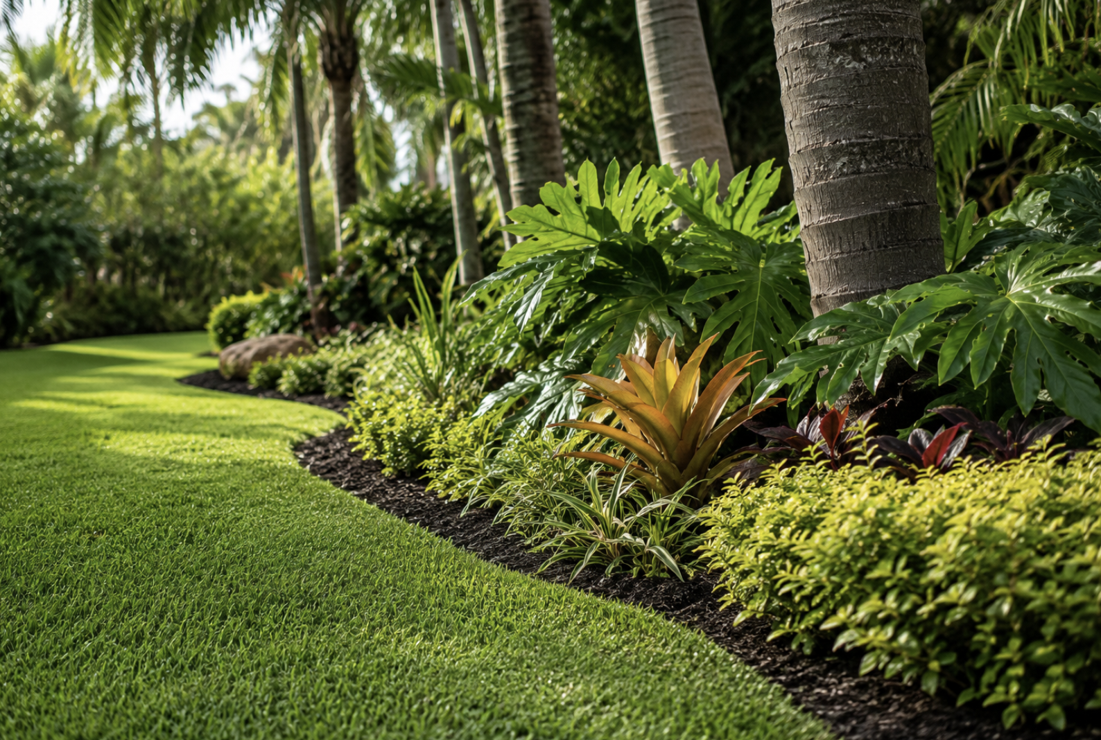 Tropical garden bed with palms and layered plantings
