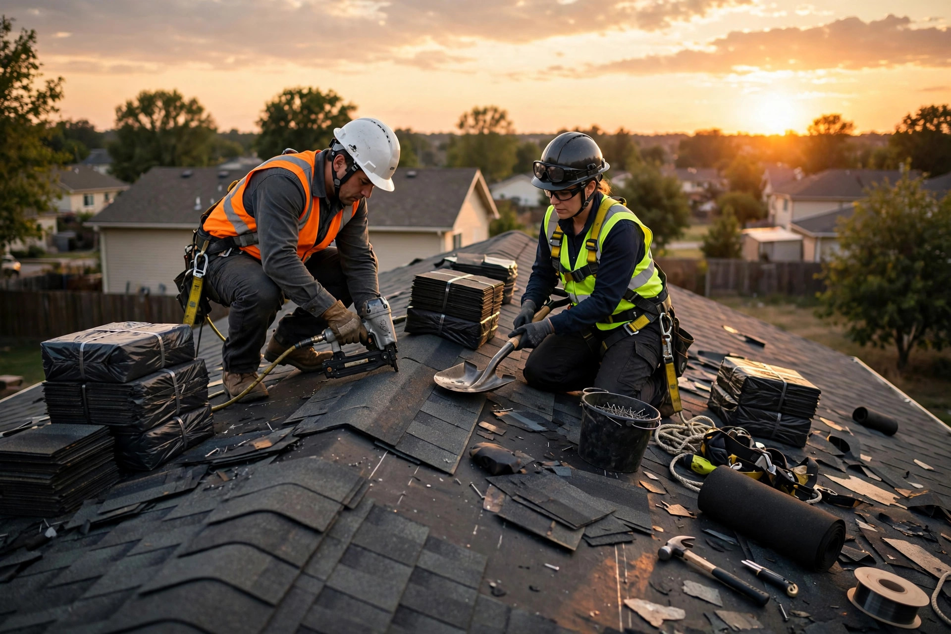 Sample image — crew installing shingles at sunset