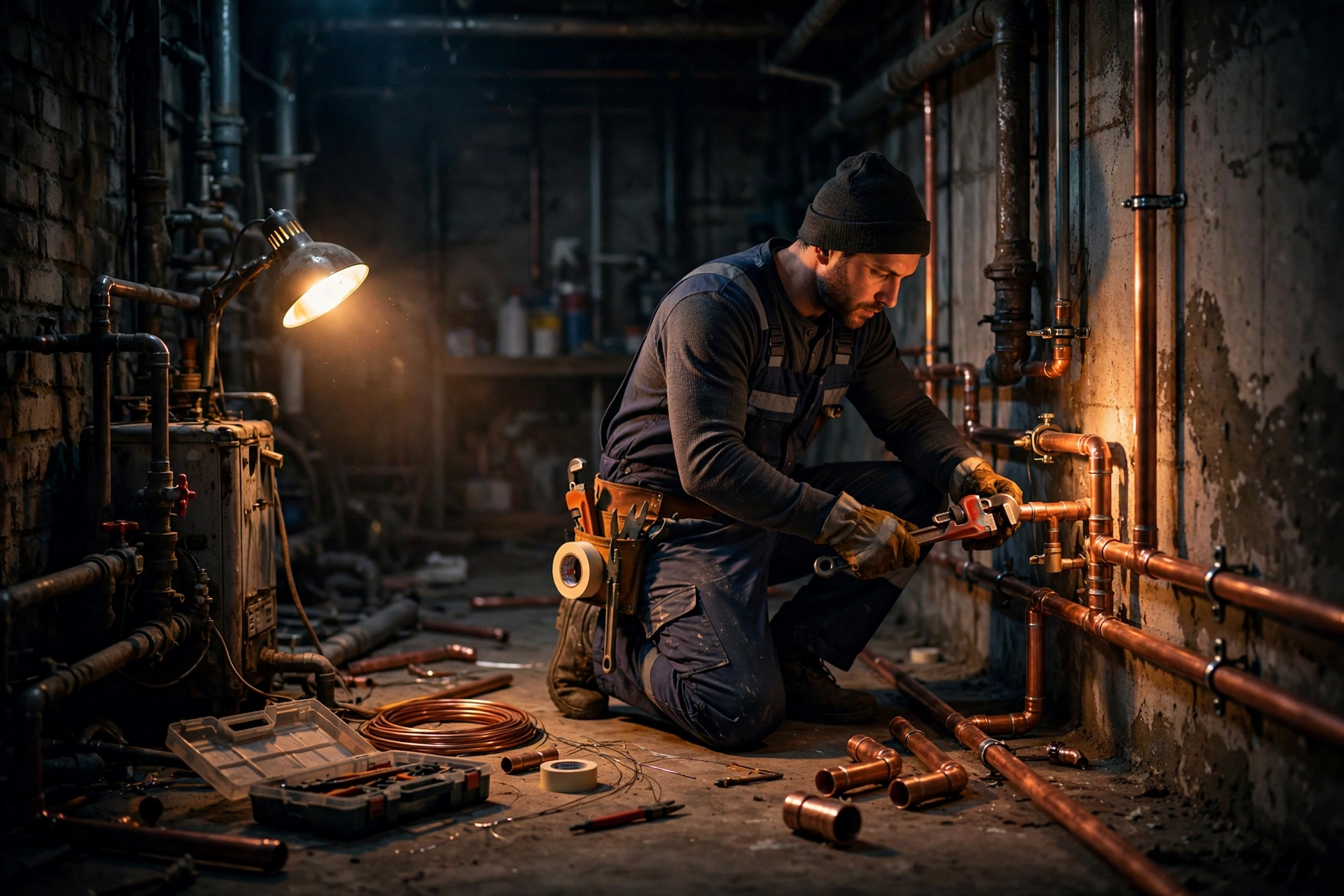 Plumber installing copper pipes on a Fargio-Rinaco job site in Montreal