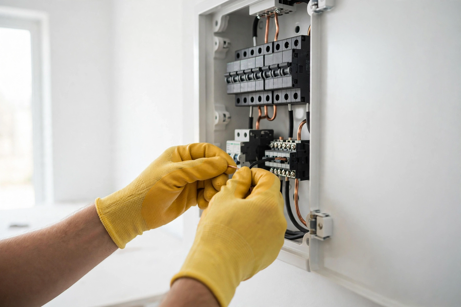 Electrician wiring a modern electrical panel