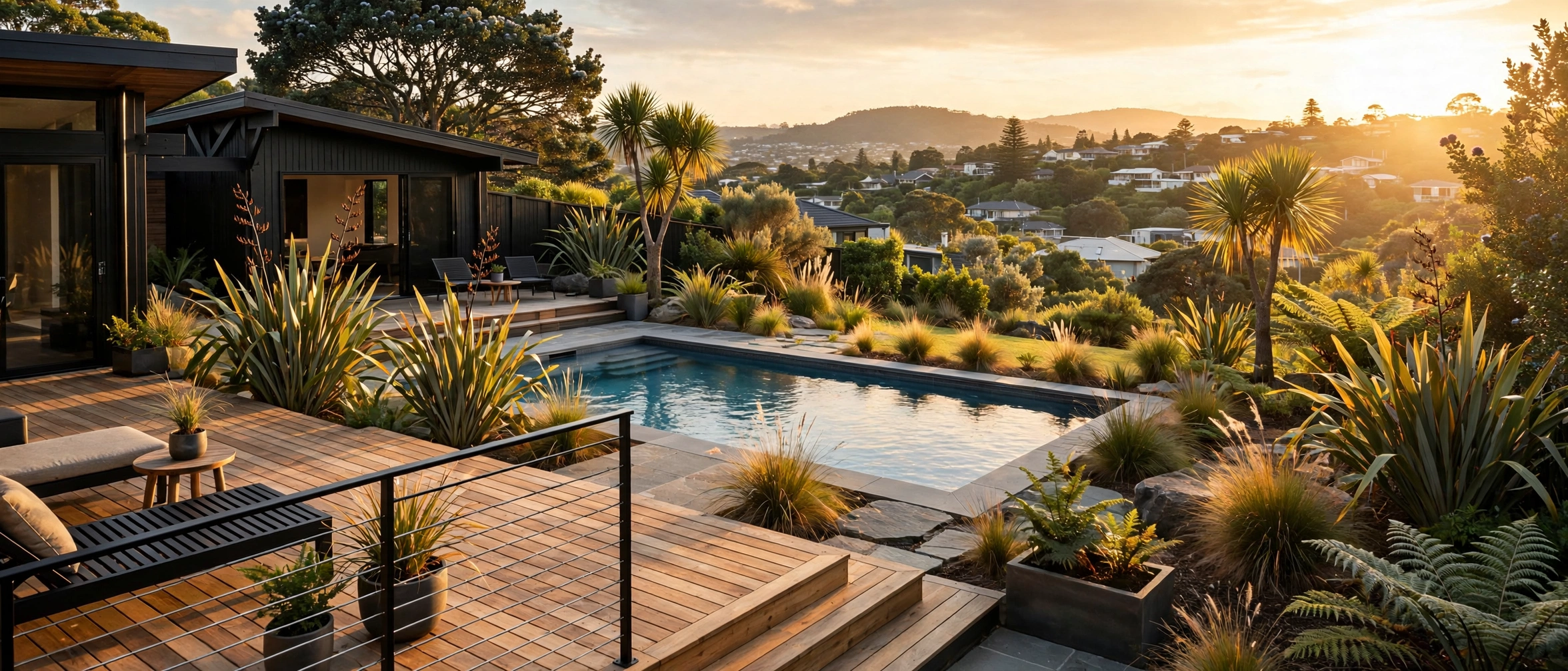 Landscaped Auckland garden with pool at golden hour