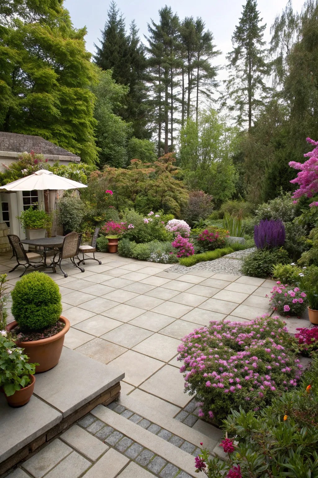 Landscaped patio garden with planting and paving
