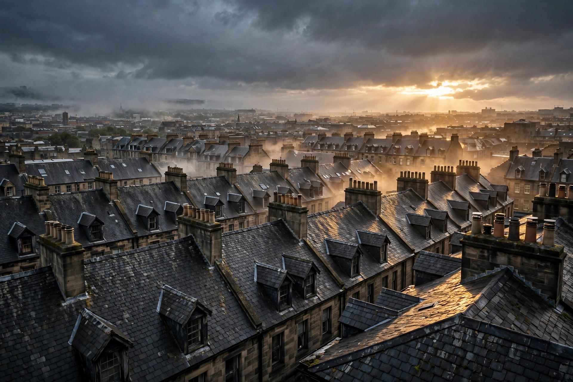 Glasgow slate rooftops at dusk