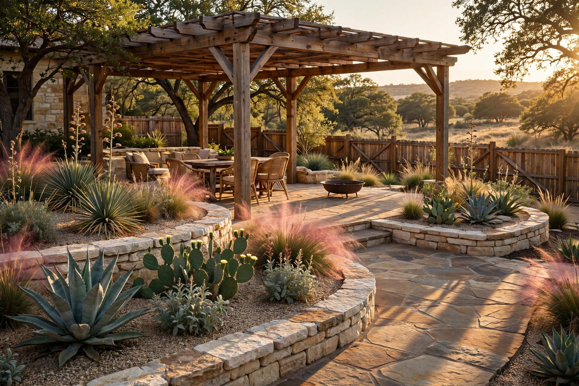 Landscaped Texas backyard with native planting and pergola patio at golden hour
