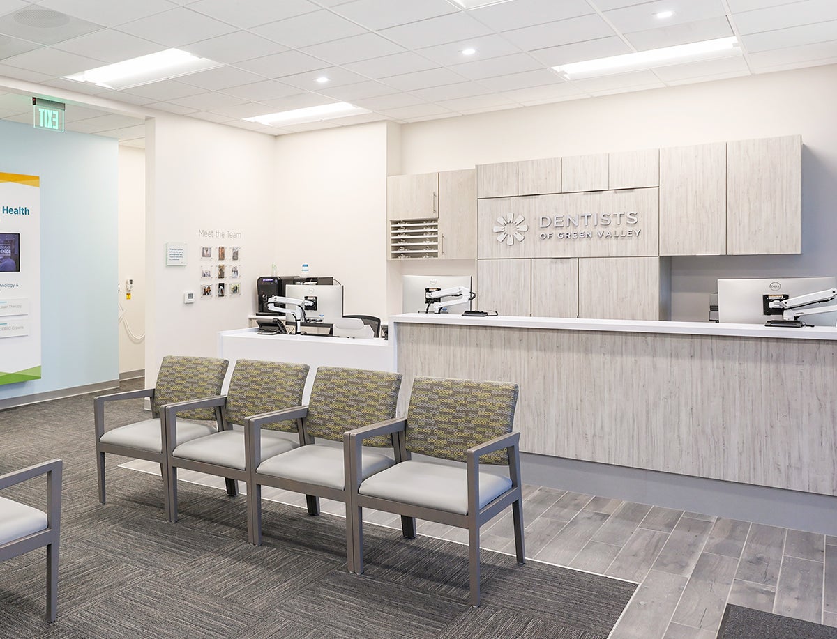 Modern dental clinic interior with comfortable seating