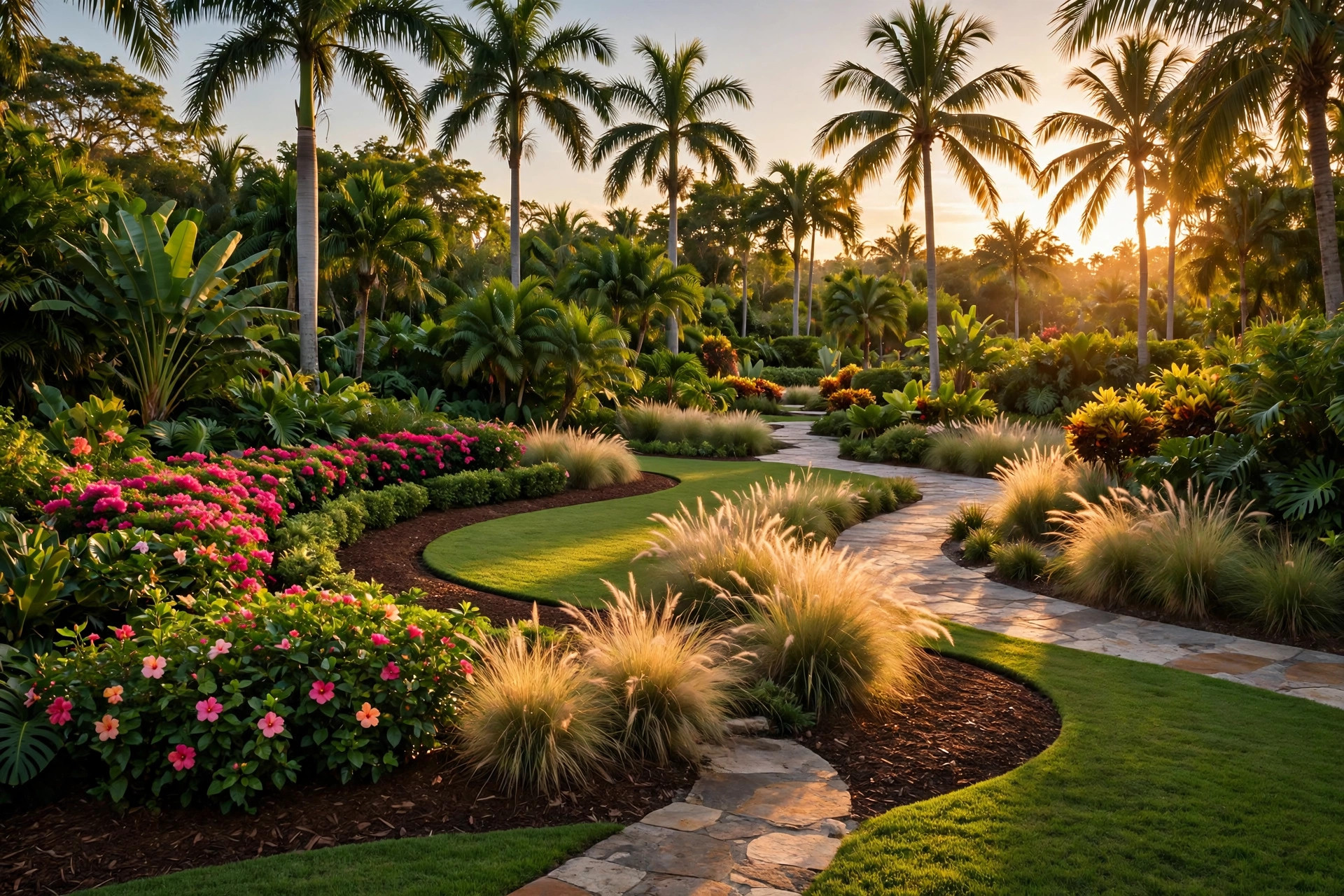 Lush landscaped tropical garden at golden hour