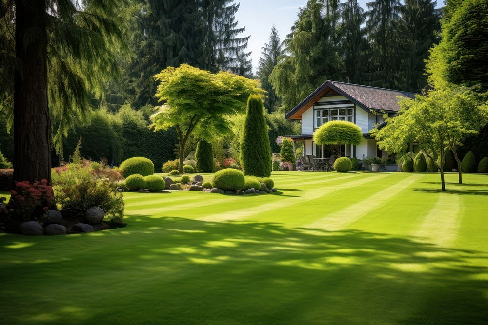 Freshly mowed lawn with crisp stripes and sculpted hedges