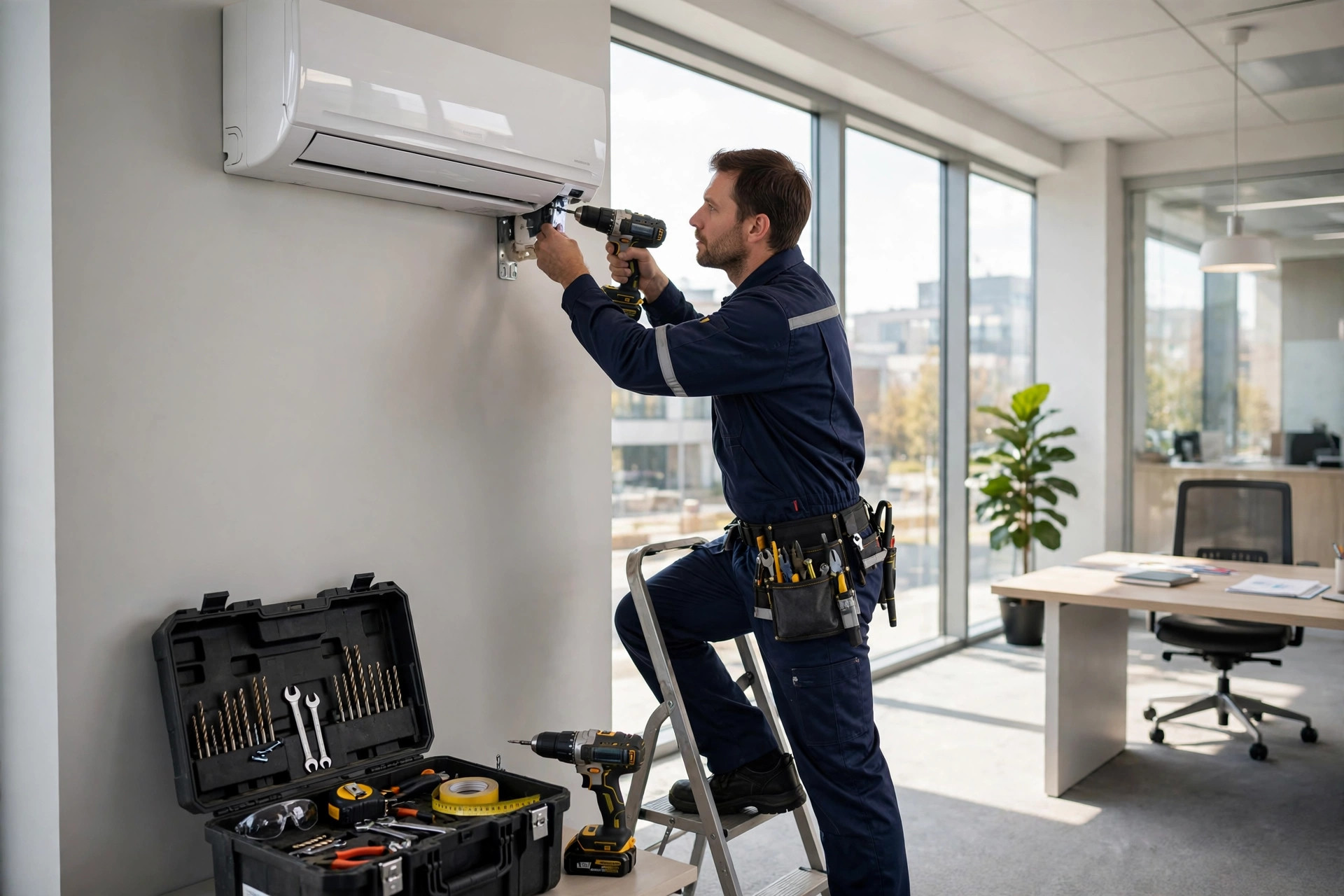 Engineer installing a wall-mounted air conditioning unit