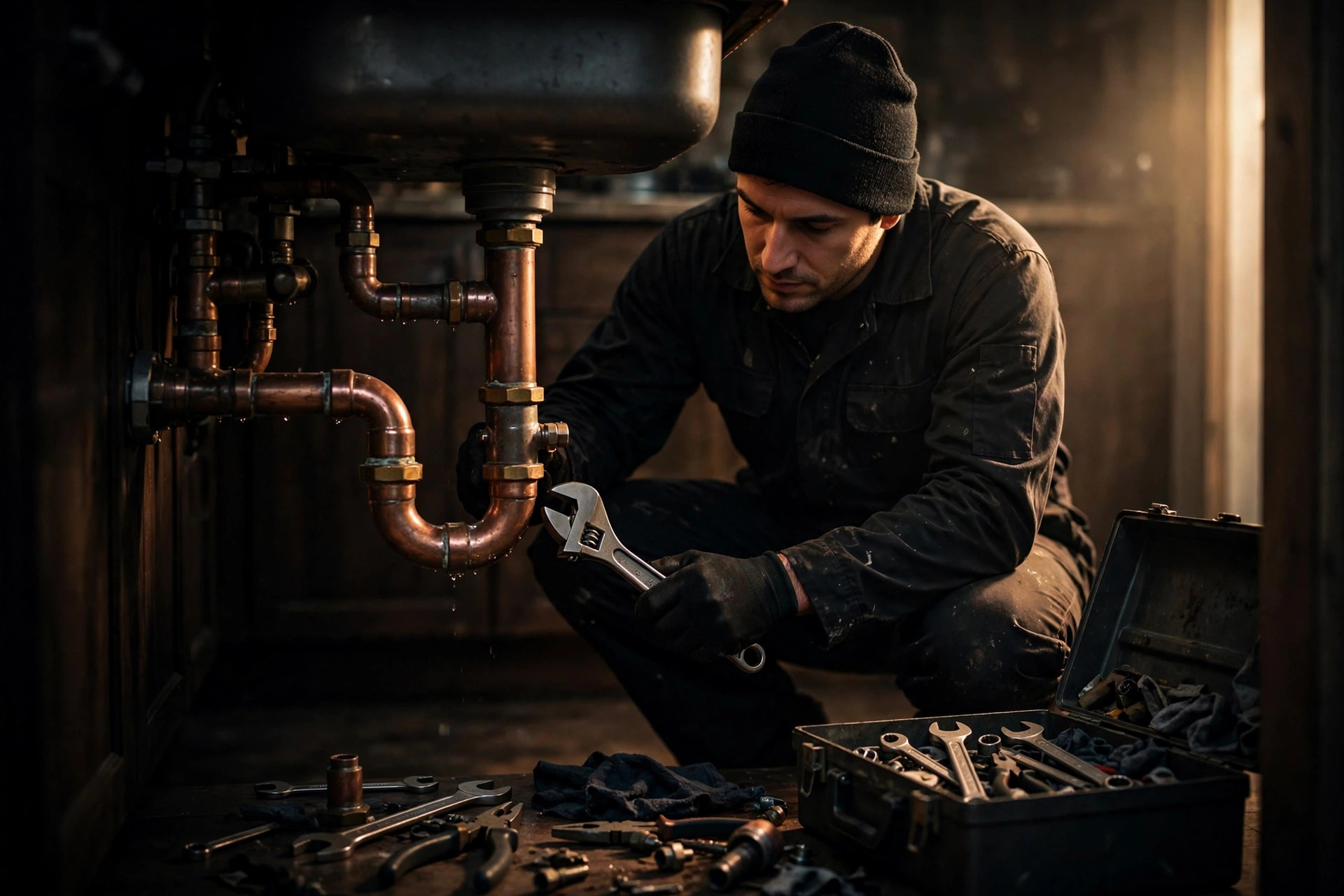 Golden West technician repairing copper pipes under a Denver kitchen sink
