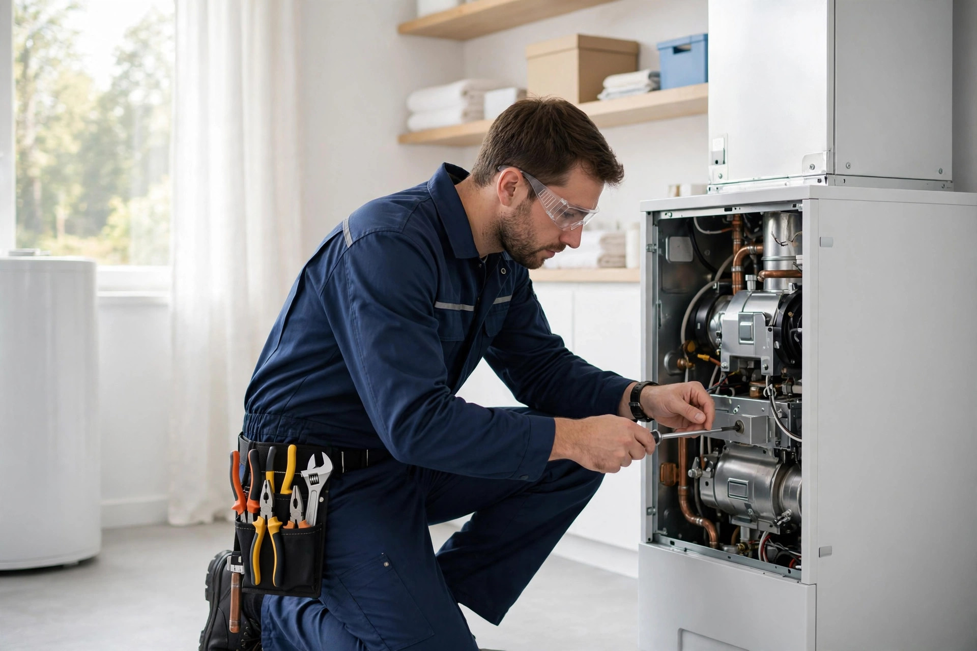 Golden West technician servicing a home furnace in bright daylight