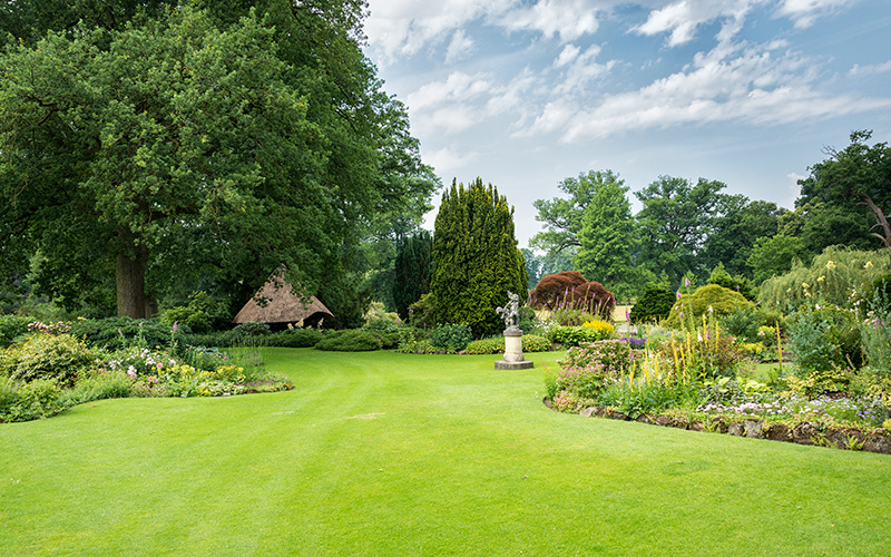 Manicured lawn and garden beds