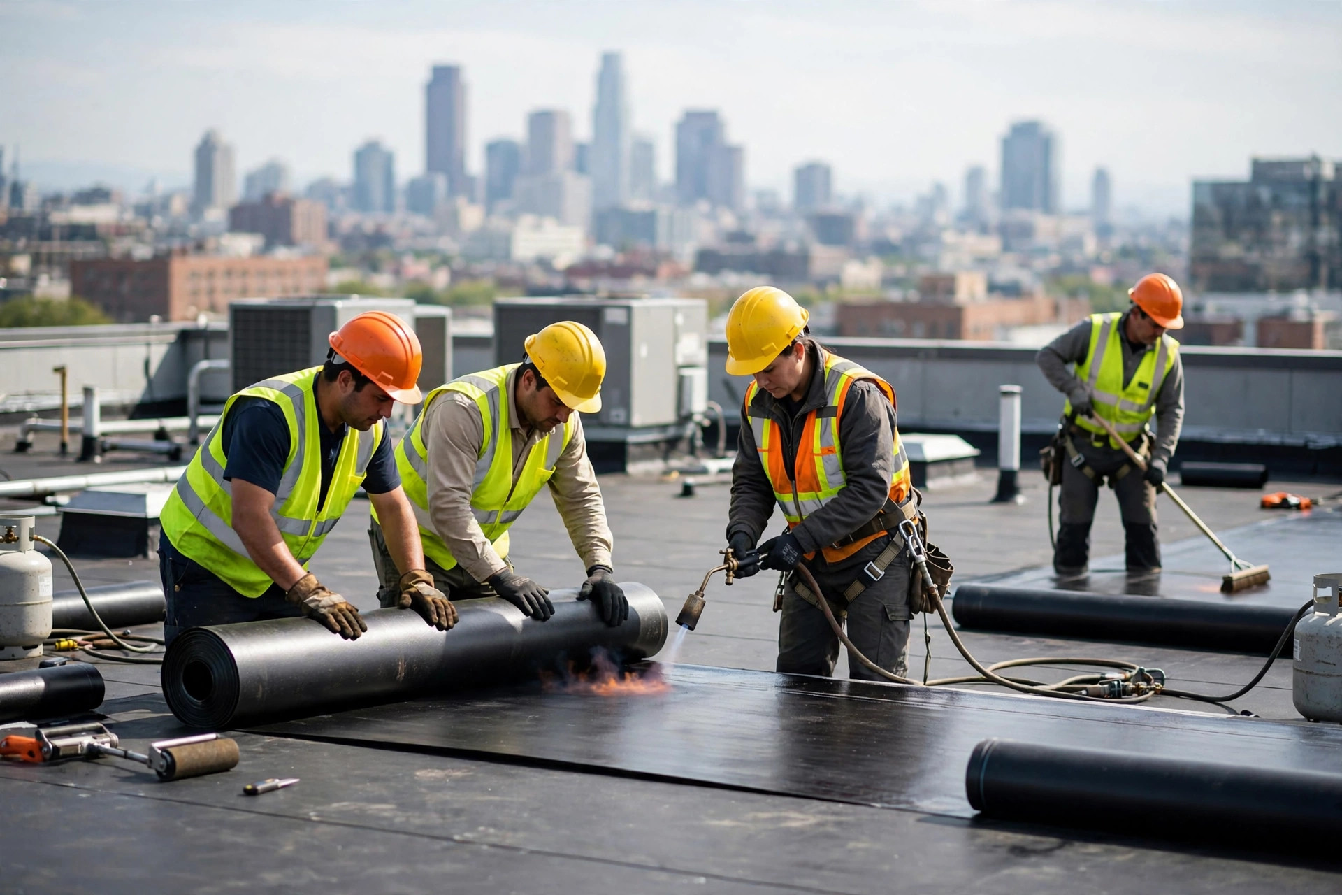 GVRD crew installing a commercial flat roof membrane