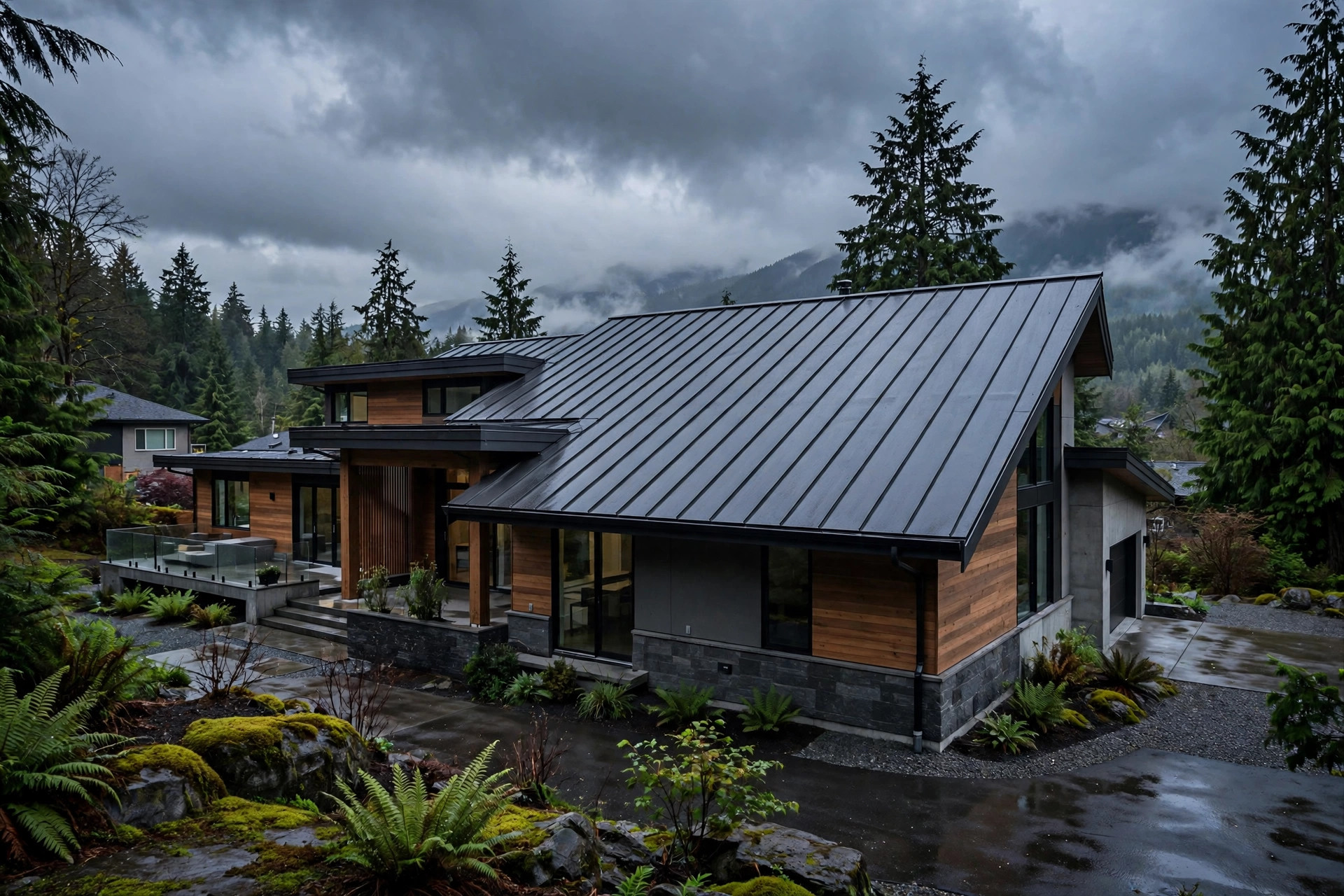 New standing seam metal roof on a Vancouver home at dusk