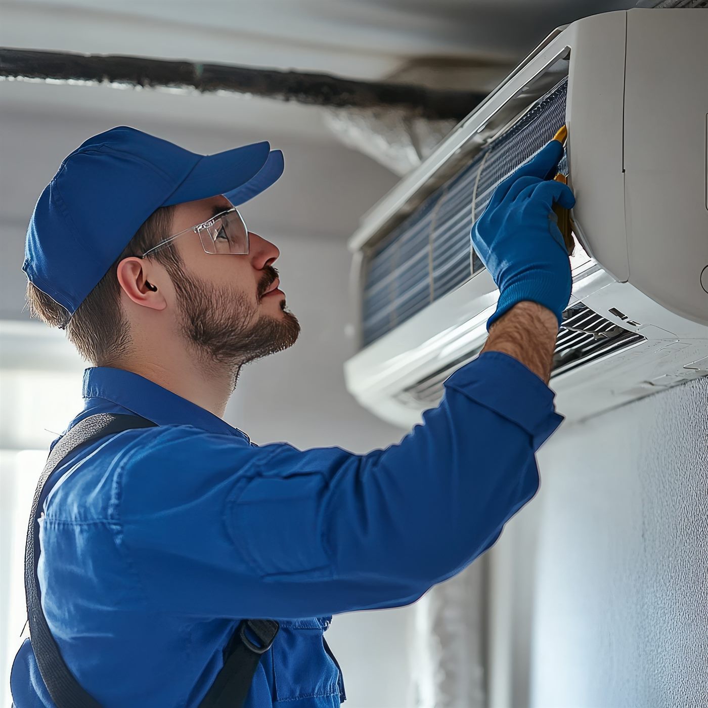 Technician servicing a home air conditioning system