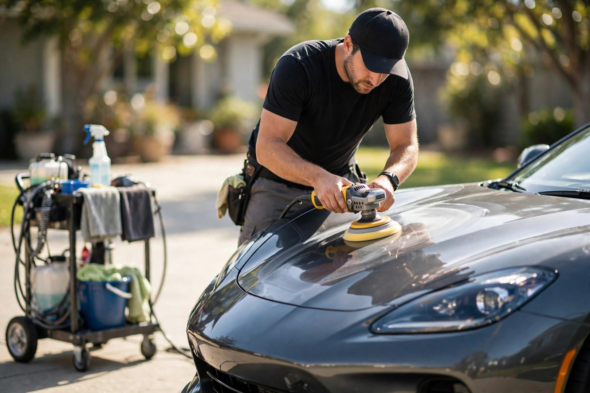 Technician machine-polishing a sports car in a sunny driveway