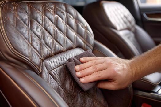 Leather seat being cleaned and conditioned by hand