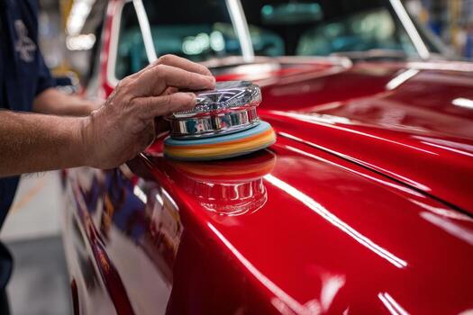 Machine polisher working gloss into red paint
