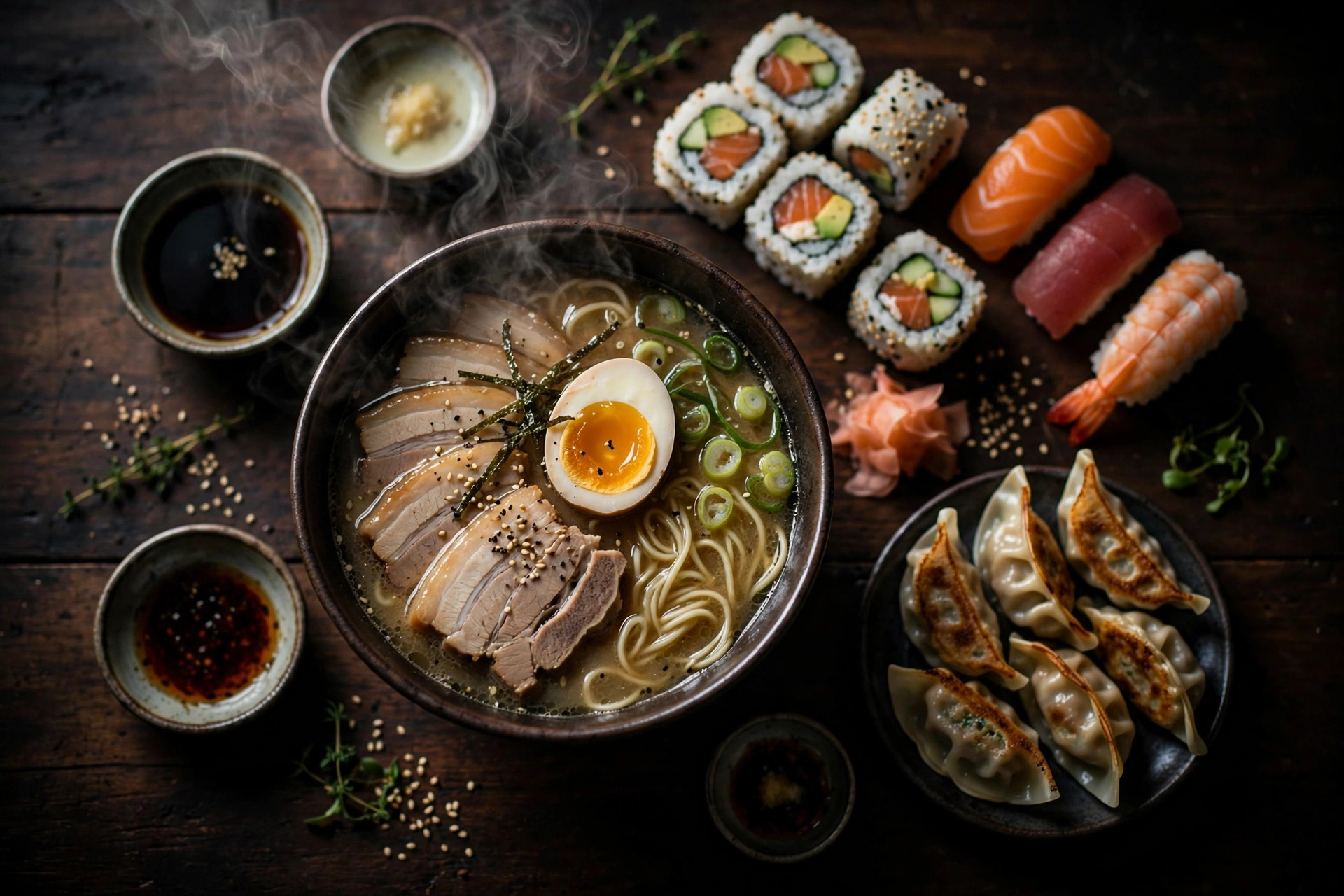 Spread of ramen and sushi dishes