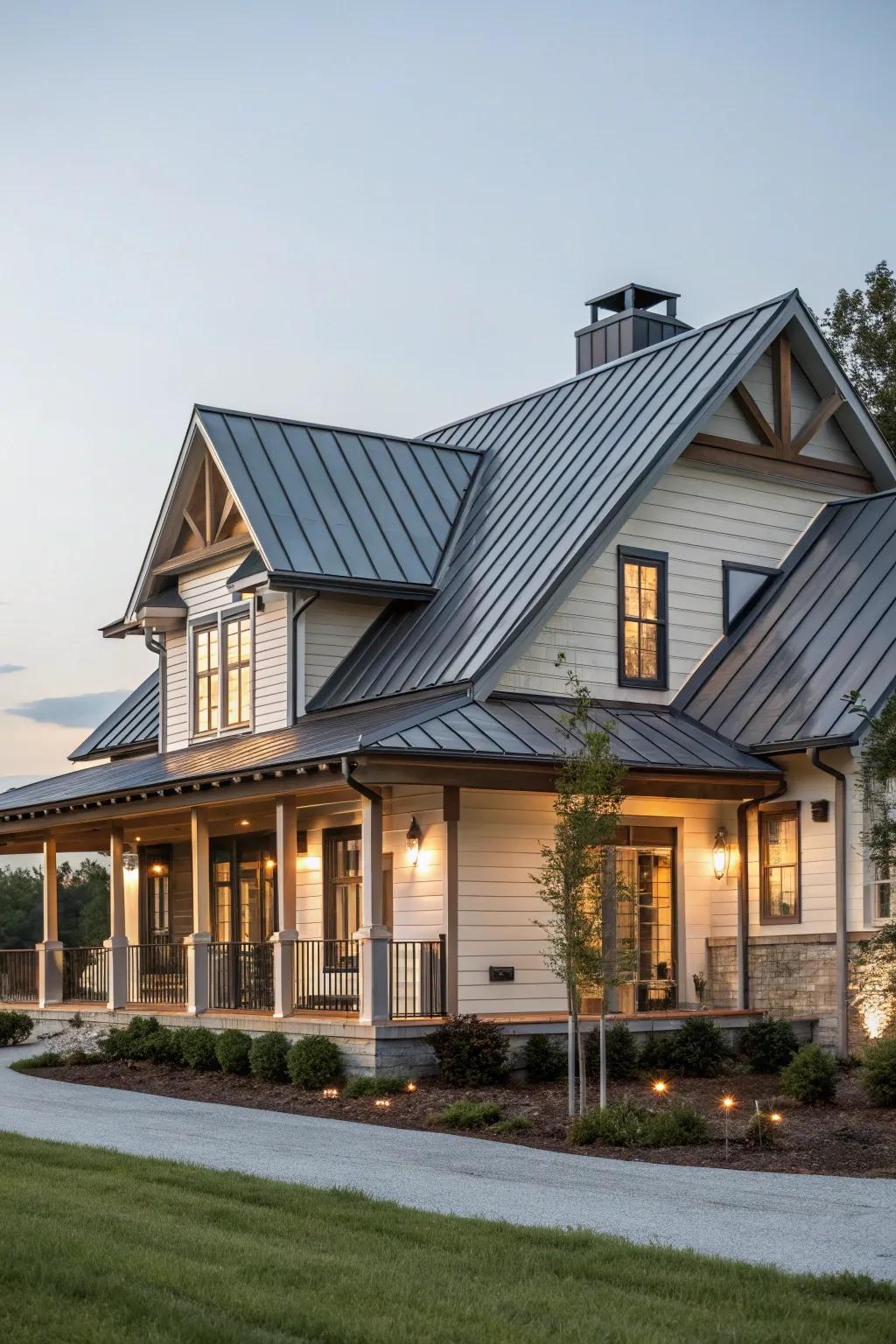 Home with a dark standing-seam metal roof at dusk — illustrative stock photo, not an actual Hardacker Roofing job