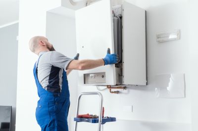 Heating engineer at work on a boiler installation