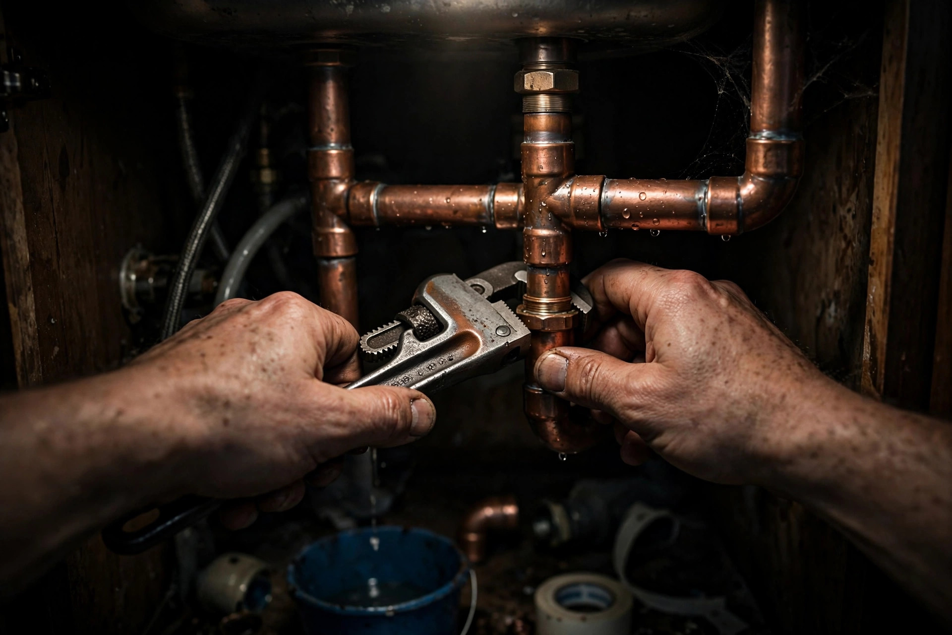 Plumber's hands repairing copper pipes under a sink
