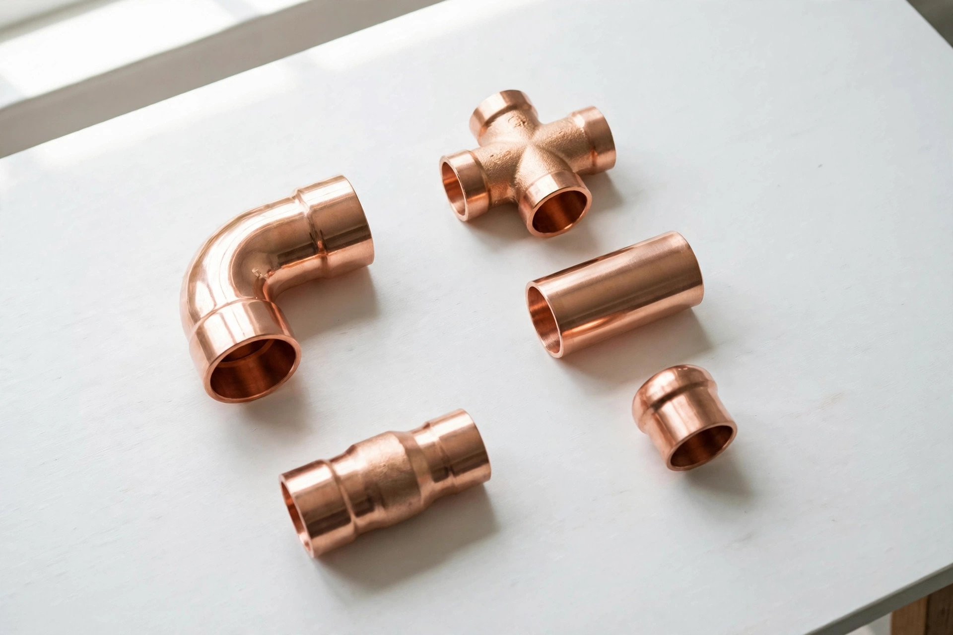 Copper pipe fittings arranged on a clean white workbench