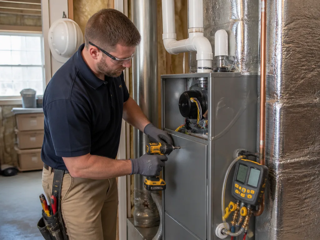 Technician at work on heating equipment