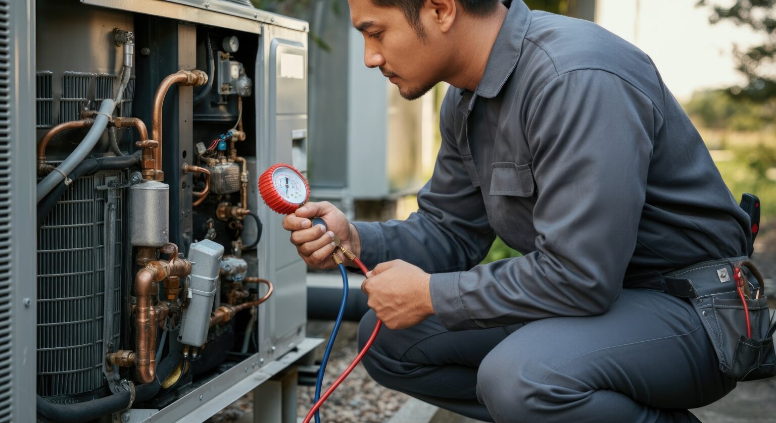HVAC technician inspecting a system with pressure gauges