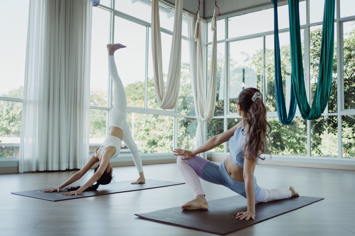 Sunlit yoga practice by a window