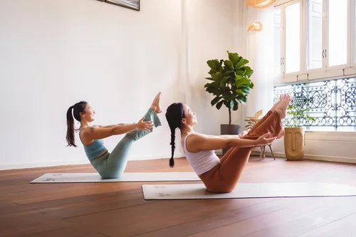 Group yoga class in flow