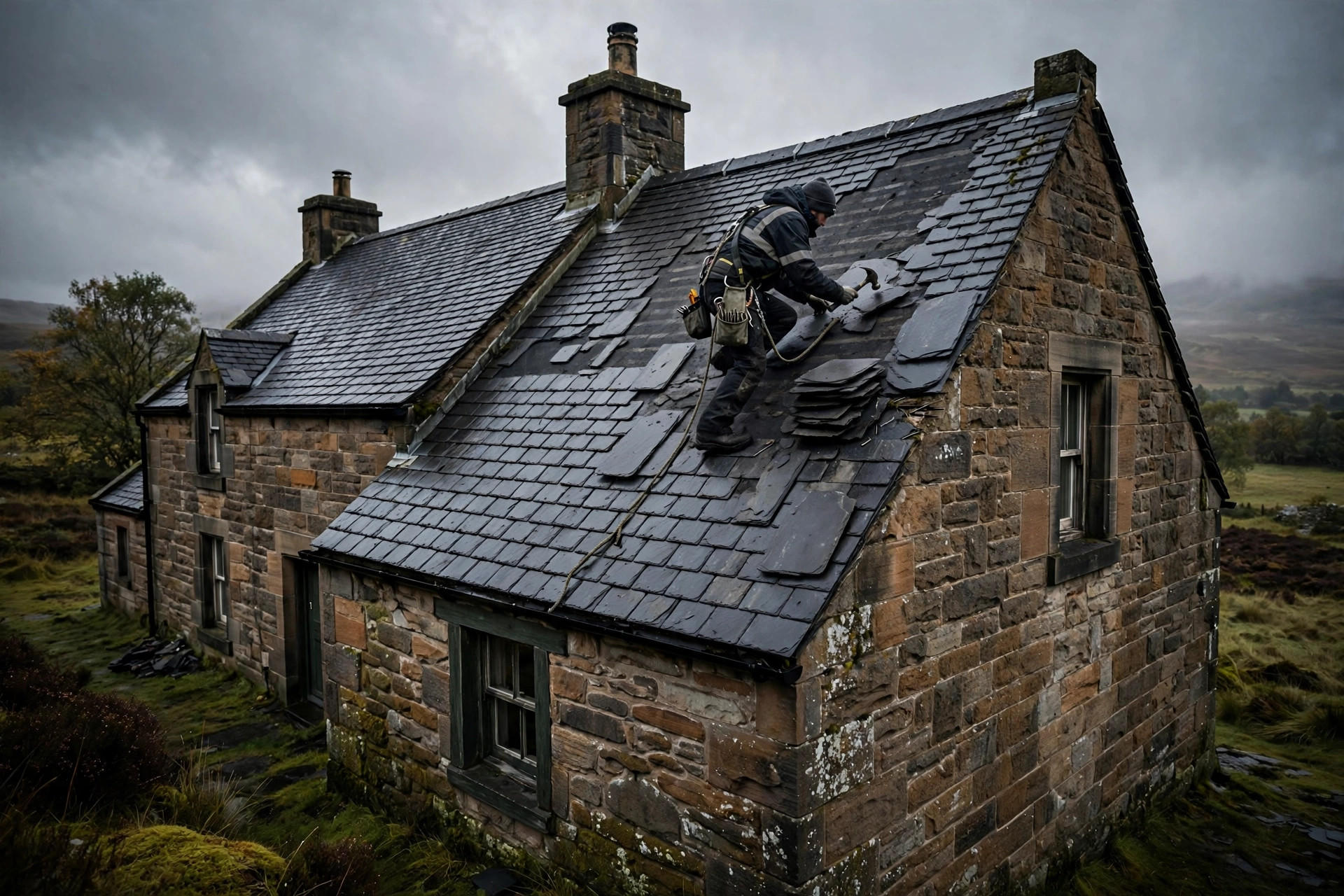 Roofer repairing slate tiles on a Scottish stone house