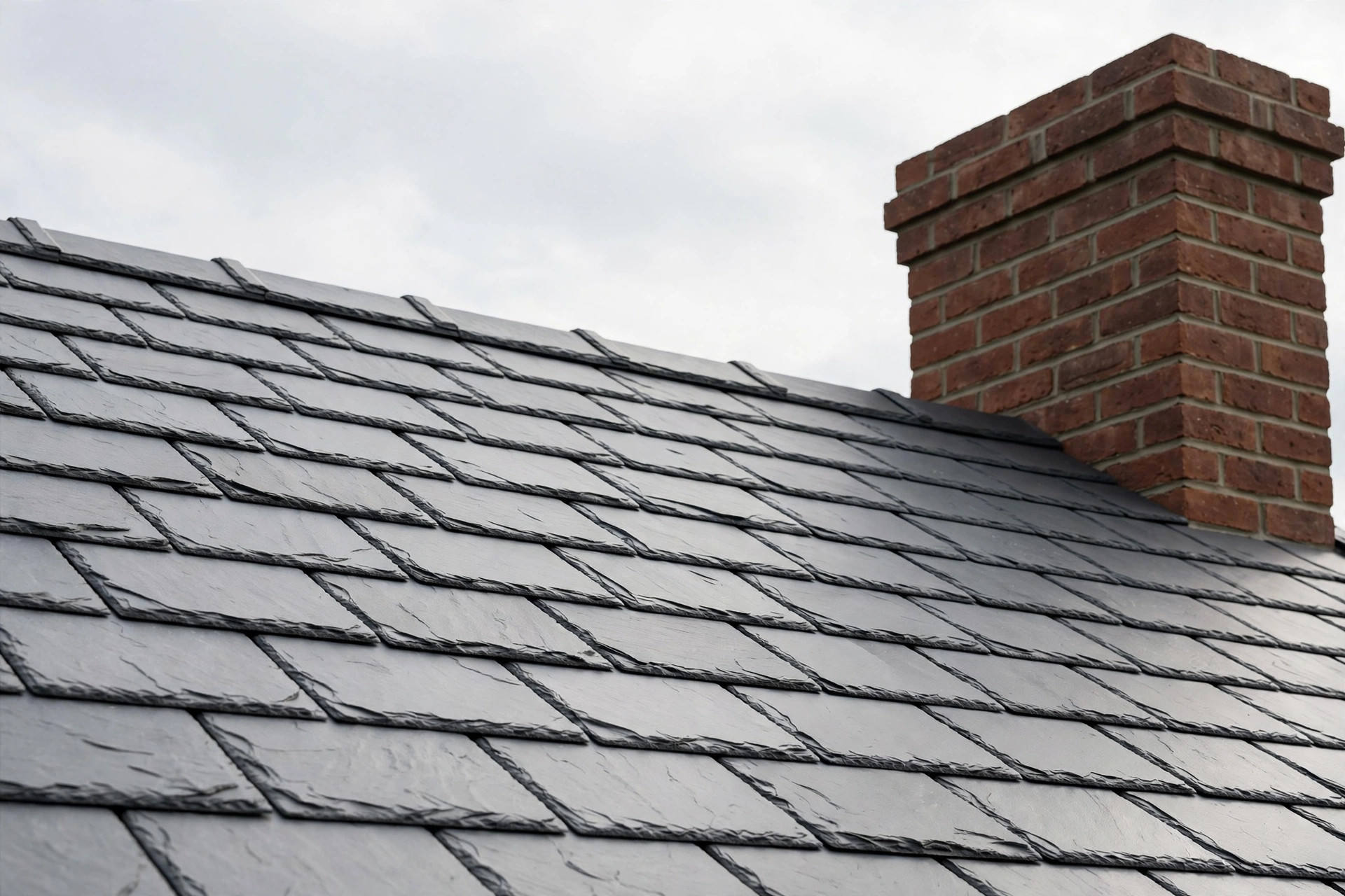 New slate roof with chimney against a pale sky