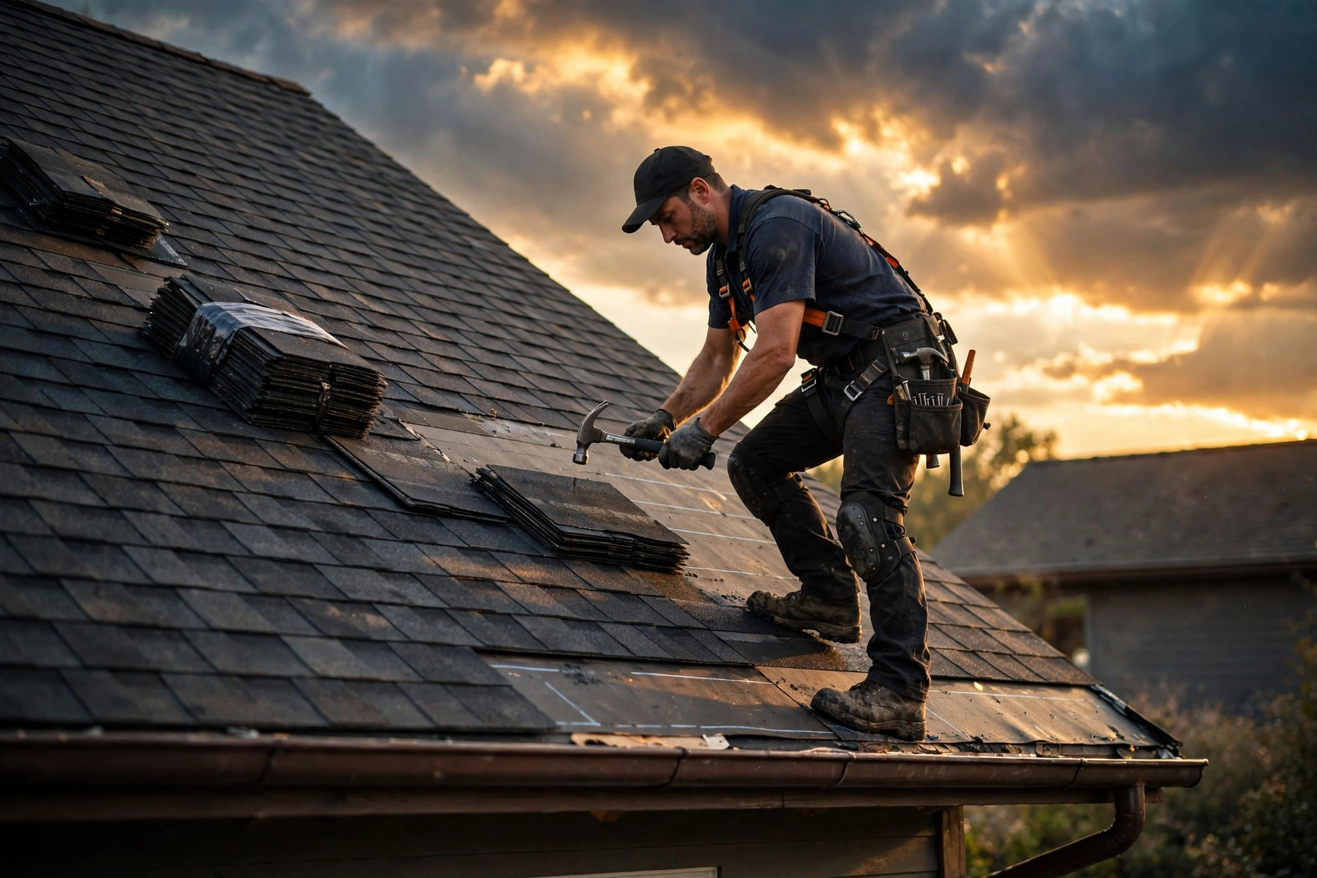 Roofer installing dark asphalt shingles at golden hour
