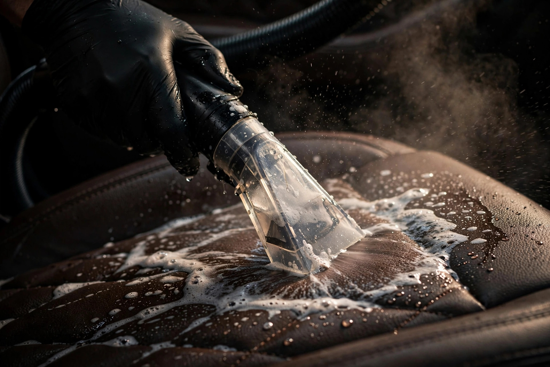 Extractor shampooing a leather car seat during interior detailing