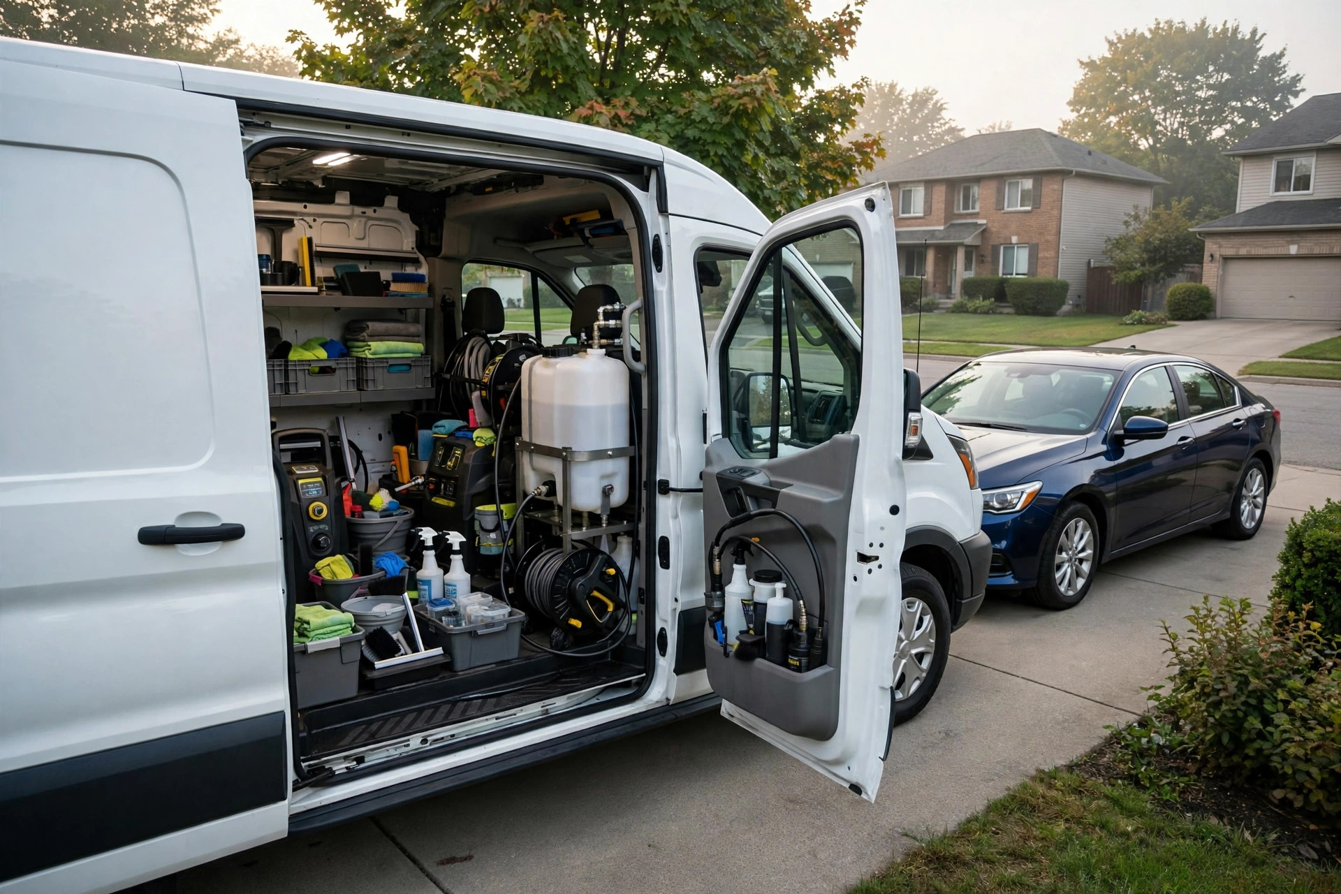 Mobile detailing van set up in a suburban driveway