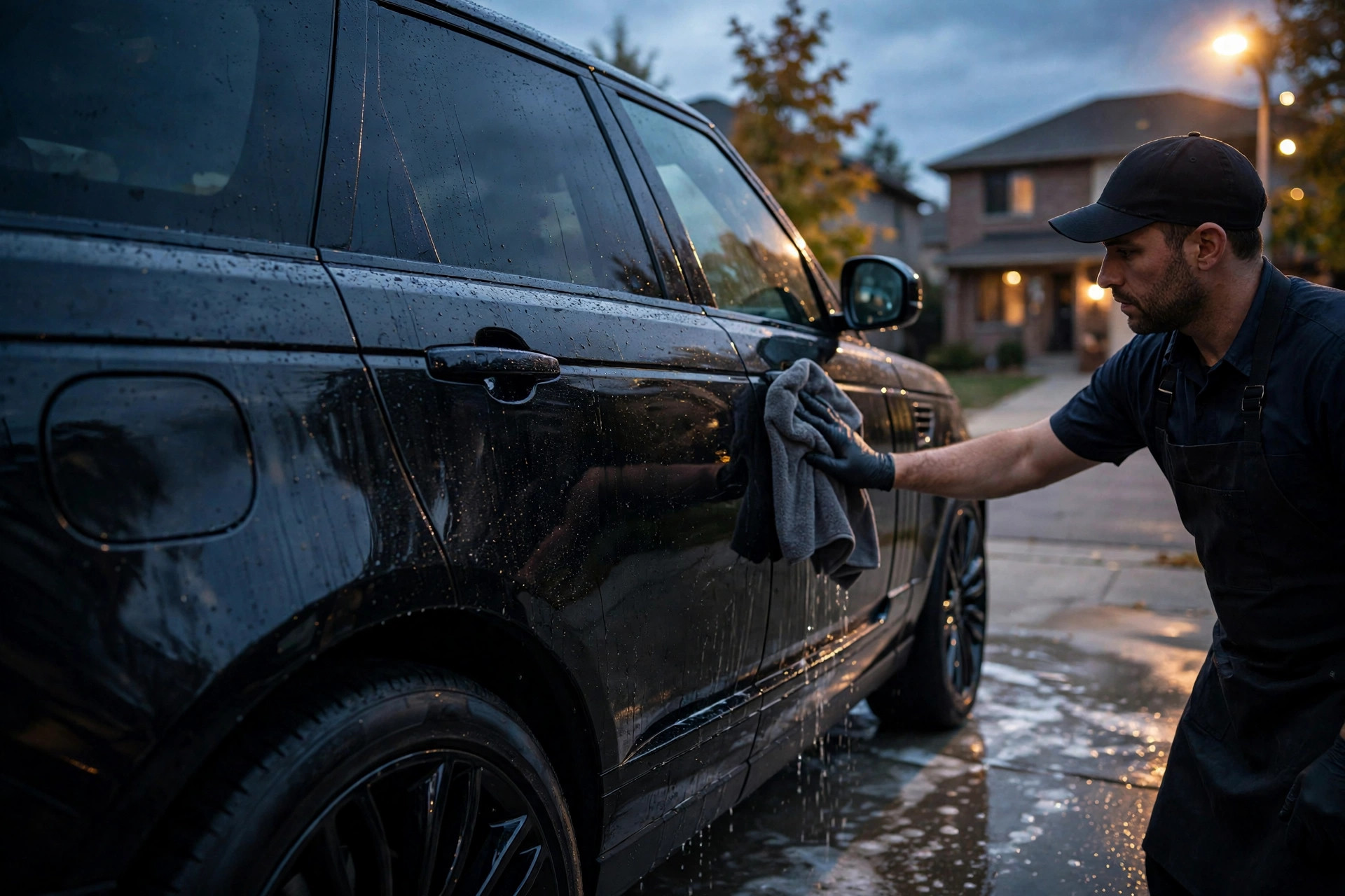 A black SUV being hand-detailed at dusk in Toronto