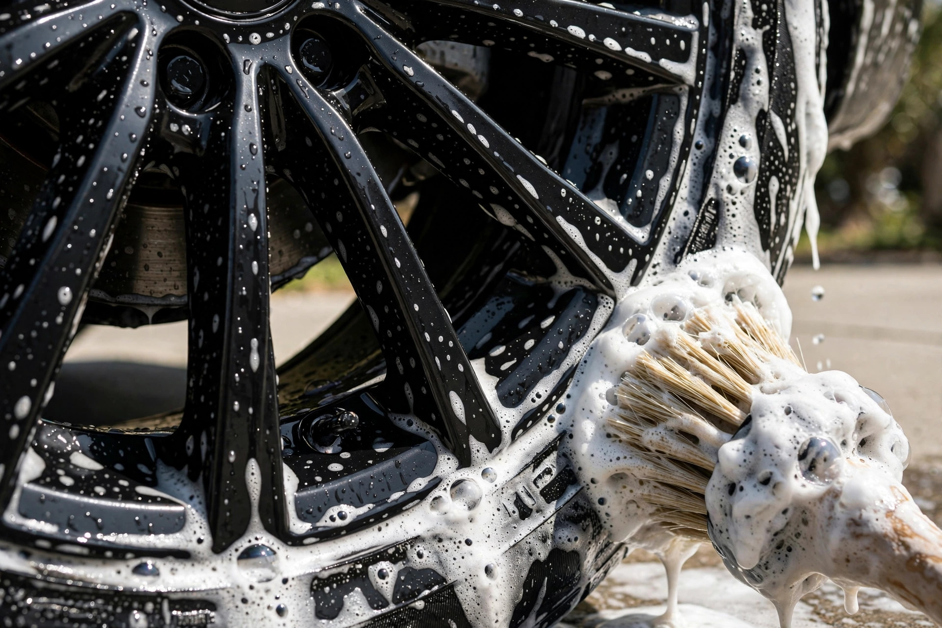 Alloy wheel deep-cleaned with foam during detailing