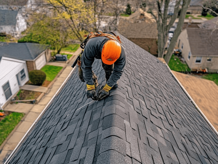 Roofer installing shingles on a residential roof