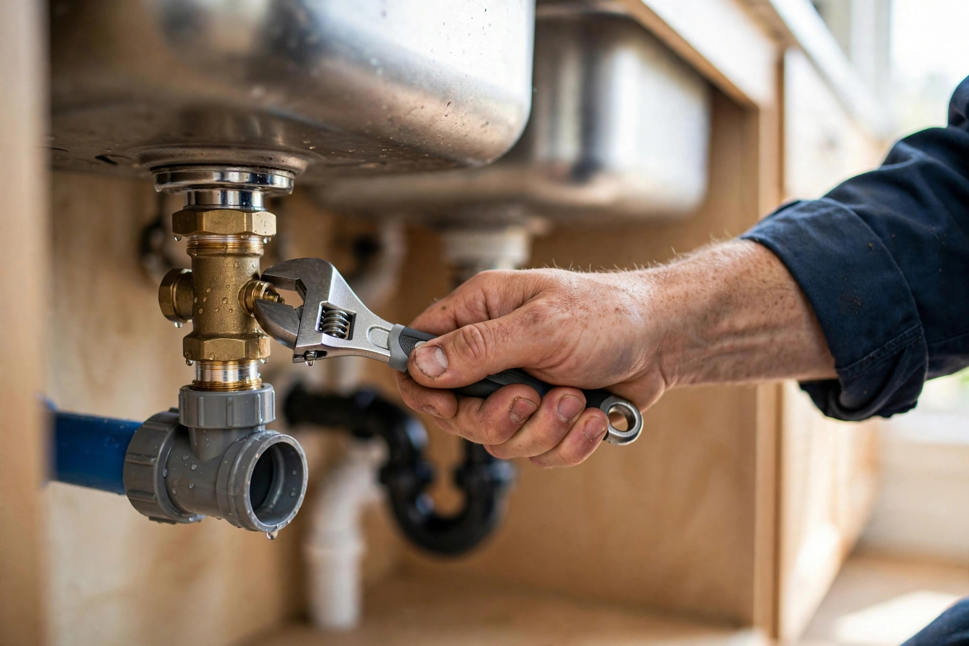 Plumber repairing pipework under a kitchen sink