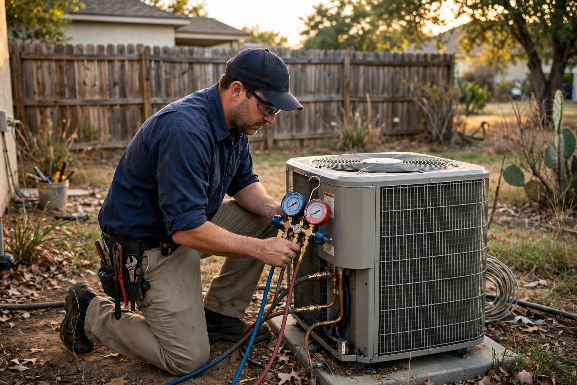 HVAC technician servicing an outdoor condenser unit