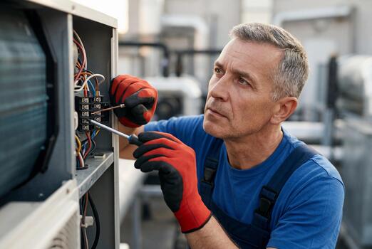 Illustrative stock photo: heating engineer servicing an air conditioning unit