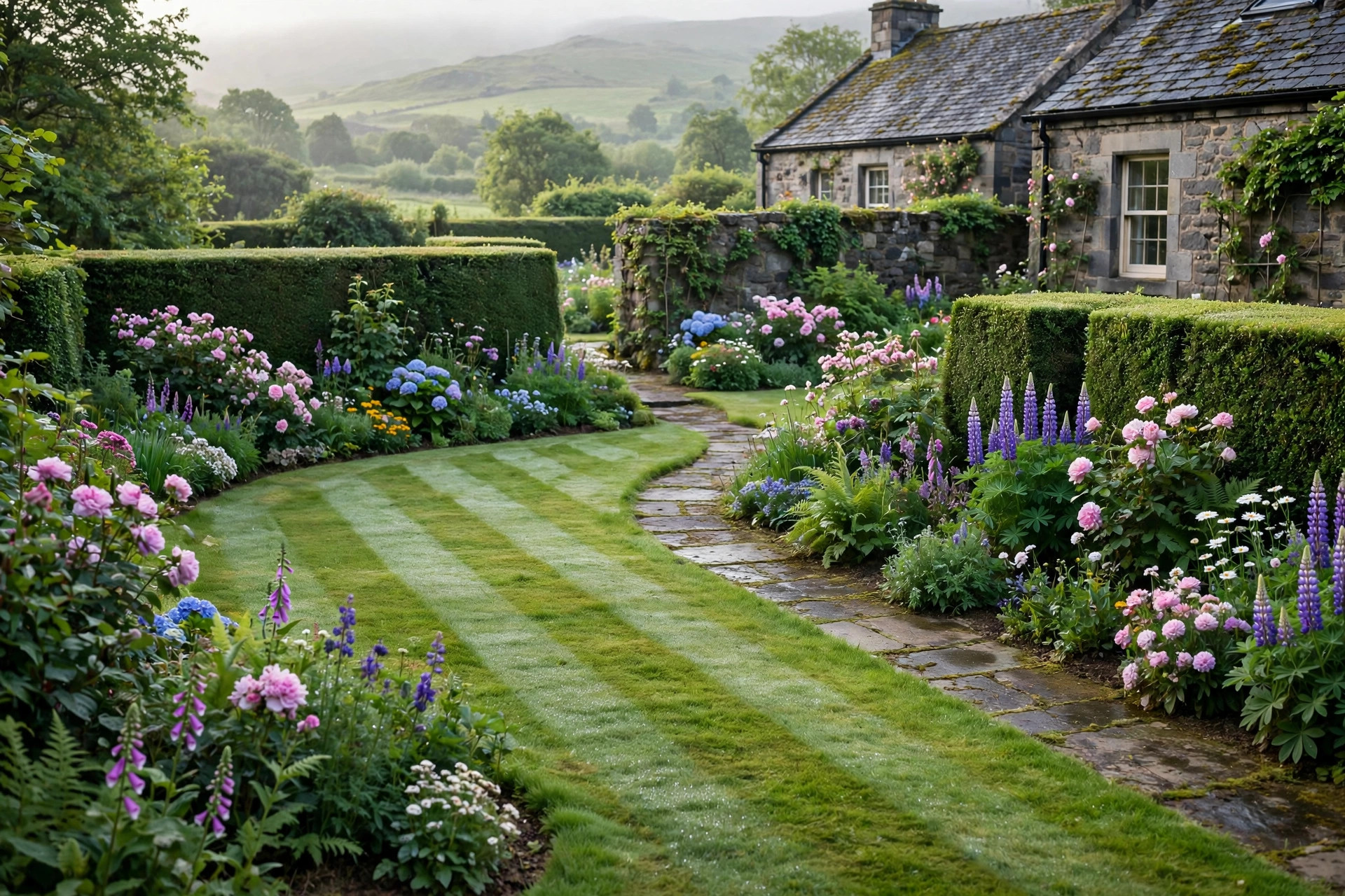 A maintained Scottish garden with striped lawn, trimmed hedges and flower beds