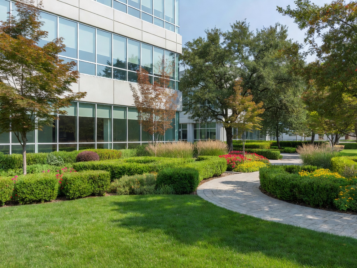 Manicured commercial courtyard with office building (illustrative stock photo)