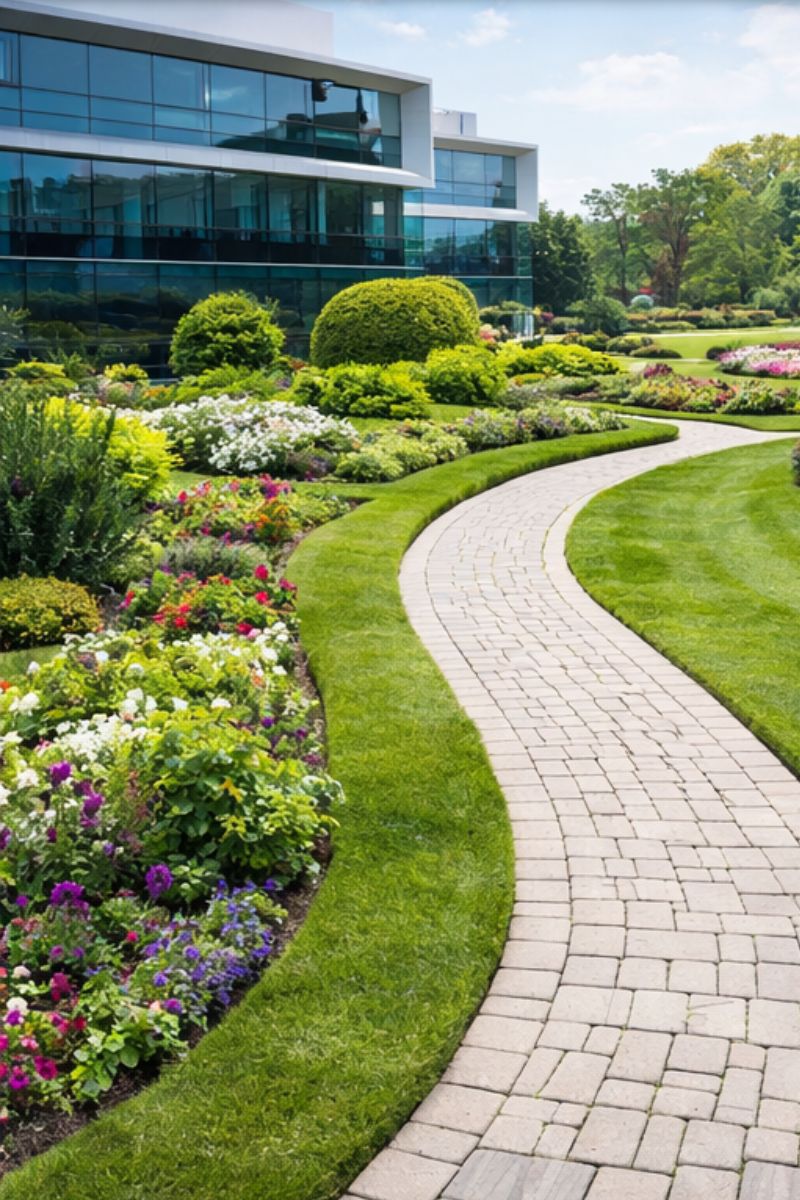 Curved walkway through maintained planting beds at a Denver commercial property