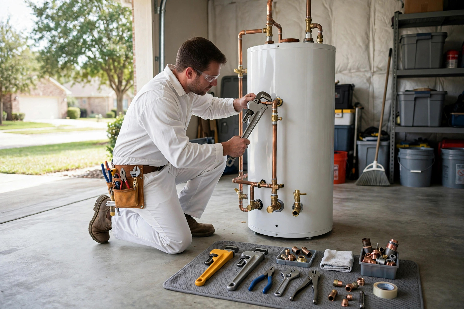 Plumber installing a water heater in a Houston garage