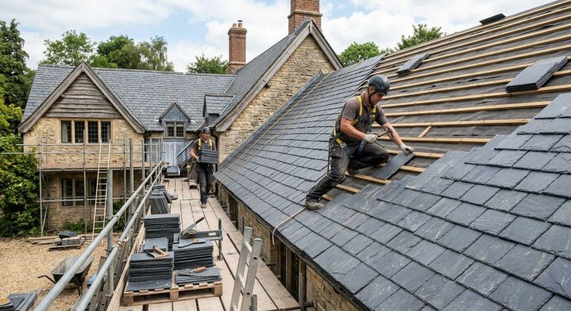 Roofer laying natural slate during a re-roof