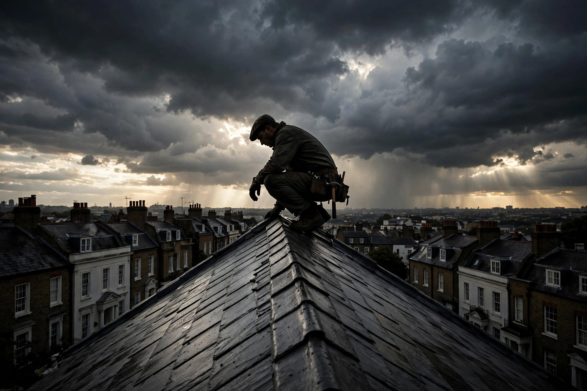 Roofer on a newly laid slate roof at dusk, London