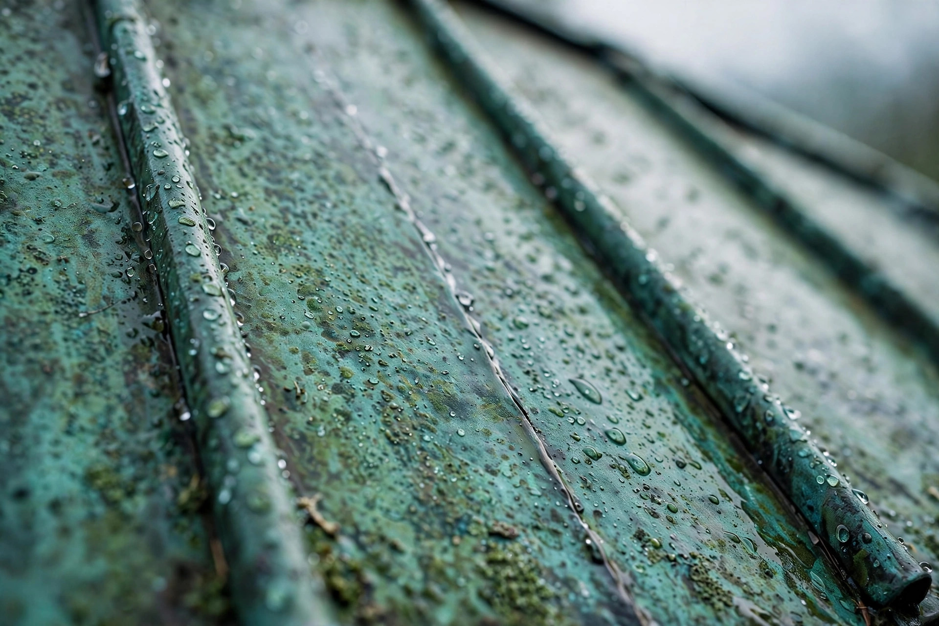 Weathered copper roof detail with standing seams