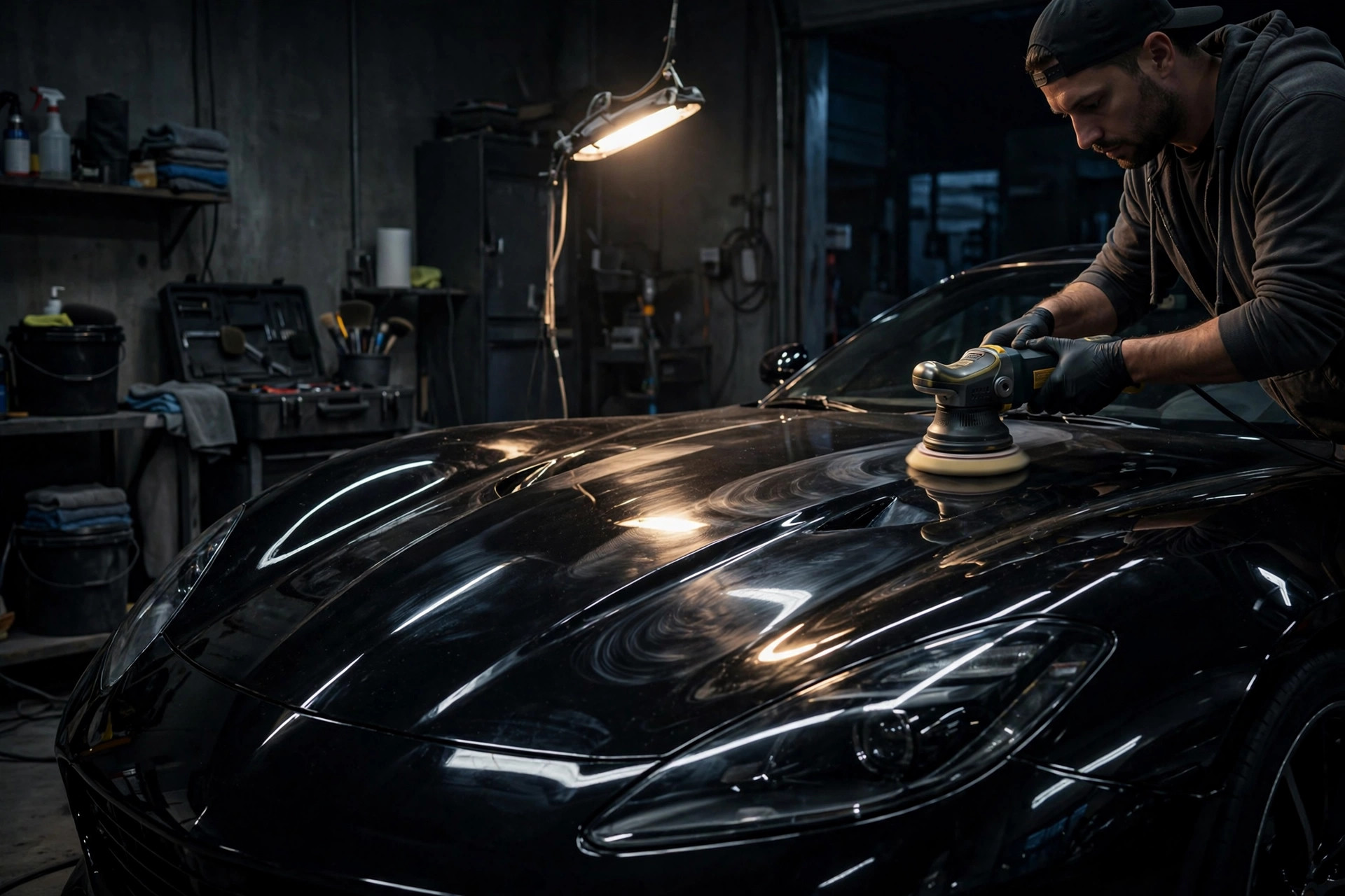 Detailer machine-polishing a black car at night
